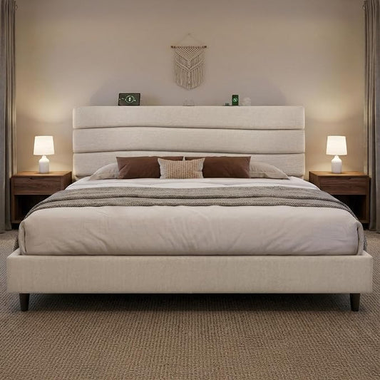 EnHomee King Size Platform Bed Frame with Headboard, Adjustable Height, Wooden Slats,Charging Stations,Noise-Free, No Box Spring Needed,Easy Assembly,Beige