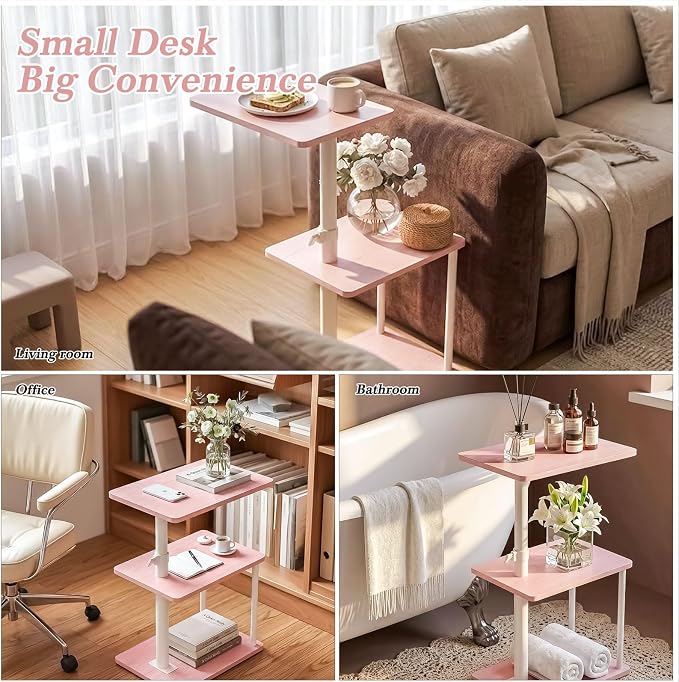 Faesun Swivel Side Table for Couch Arm, Adjustable C End Table for Recliner or Bed, Tv Trays with Storage Shelf for Small Spaces Small Nightstand Table for Living Room, Bedroom，Pink