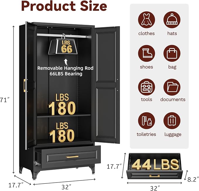 Metal Armoire Wardrobe Closet with Hanging Rod, 71" Tall Wardrobe Cabinet with Doors and Adjustable Shelves, Clothing Storage Cabinets with Drawer for Bedroom