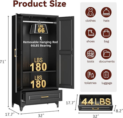 Metal Armoire Wardrobe Closet with Hanging Rod, 71" Tall Wardrobe Cabinet with Doors and Adjustable Shelves, Clothing Storage Cabinets with Drawer for Bedroom