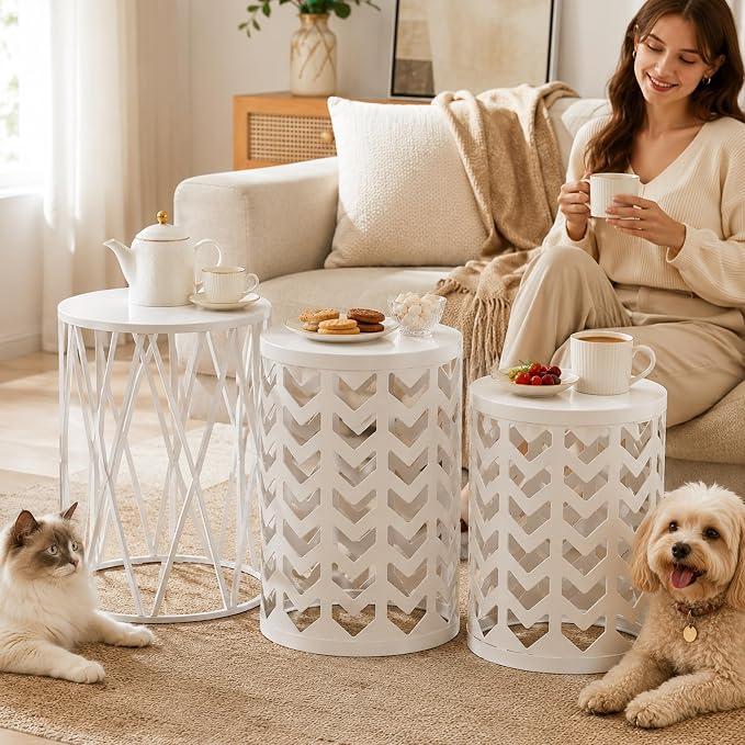 HFHOME Nesting Coffee Tables Set of 3, Industrial Metal Stacking Accent Side Tables Circle Table for Small Space, Living Room, Apartment, Bedroom Indoor - White