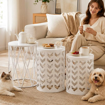HFHOME Nesting Coffee Tables Set of 3, Industrial Metal Stacking Accent Side Tables Circle Table for Small Space, Living Room, Apartment, Bedroom Indoor - White