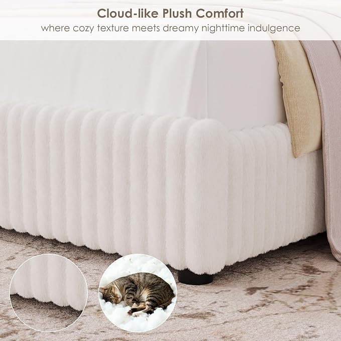 Keyluv Queen Bed Frame with 54” Tall Faux-Fur Wingback Headboard, Upholstered Platform Bed with LED Light, Mattress Foundation with Solid Wooden Slats Support, No Box Spring Needed, Noise-Free, Beige