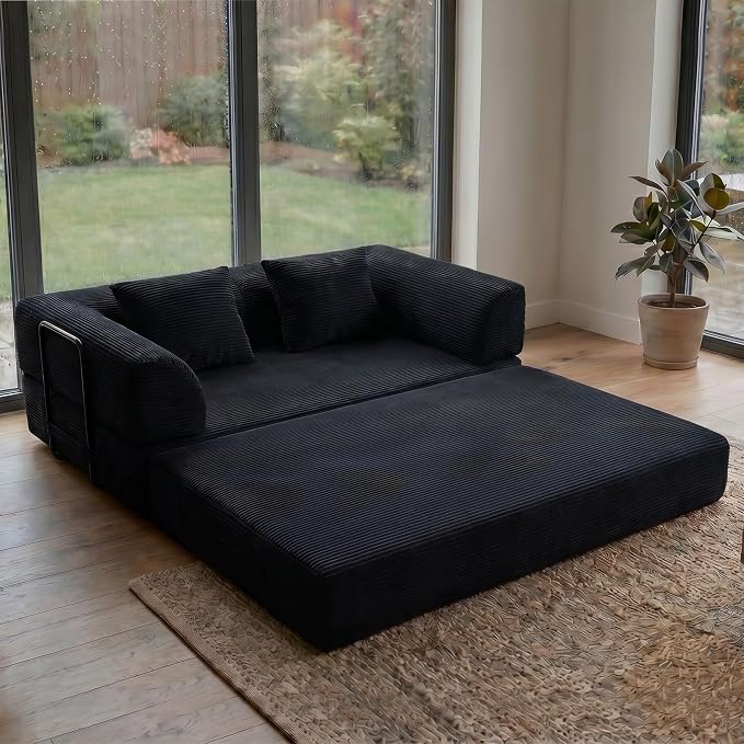 ZEIINPA 59“ Convertible Floor Sofa Bed, 5-in-1 Futon Sofa Bed Modular Sleeper Couch, Corduroy Pull Out Loveseat with Curved Armrest, Boneless Couches for Living Room, No Assembly Required, Black