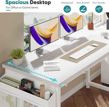 OLIXIS Computer Desk, 63 Inch Home Office Desks for Small Spaces, Writing Craft Study Gaming Table for Bedroom, Modern Computer Workstation with Storage Bag, All White