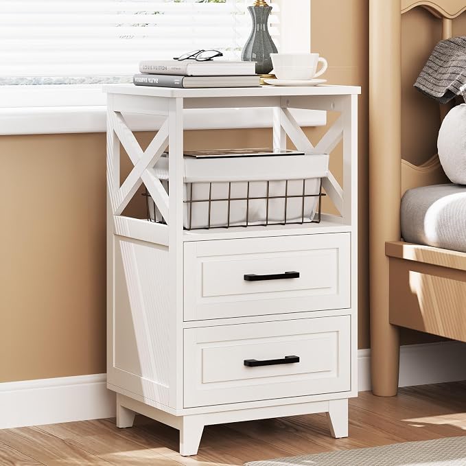 May in Color Nightstand, 30" Tall Bedside Table, Farmhouse Side Table with Storage Drawers and Open Shelf, Wooden Rustic End Table Cabinet for Bedroom, Home Office, White
