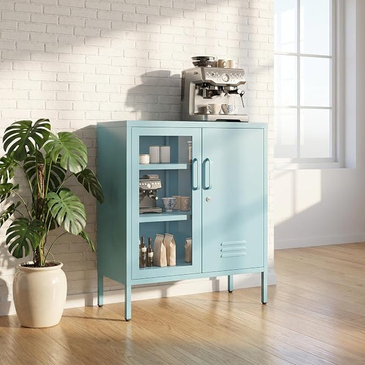 Locking Steel Storage Cabinet Shoe Cabinet for Living Room Bathroom Kitchen Left Glass Door Right Iron Door Blue Size：33" H x 29.5" W x 13.8" D