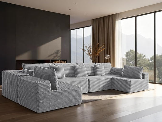 138" Cloud Sectional Couch, Comfort U Shaped Sofa for Living Room, Extra Deep Seats No Assembly, Minimalist Modular Couch, Corduroy (Light Grey, 6 Seats,U-Shape B)