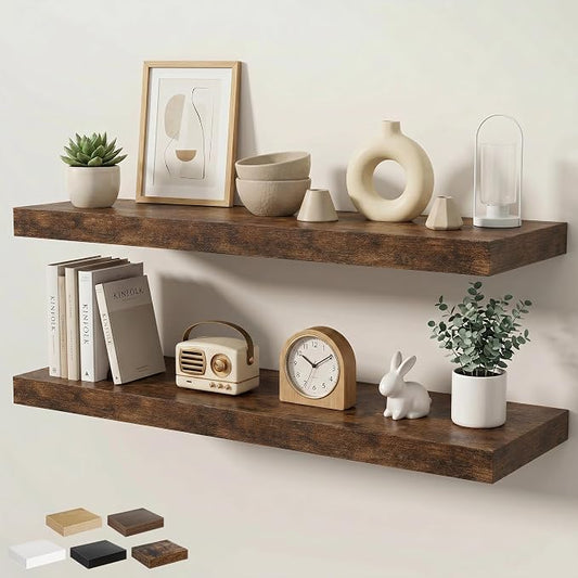 Floating Shelves for Wall 40 in x 9.3 in Deep, Wall Mounted Rustic Wood Shelf with Invisible Brackets for Storage & Display, Living Room Bedroom Bathroom, Brown, 2 Pack