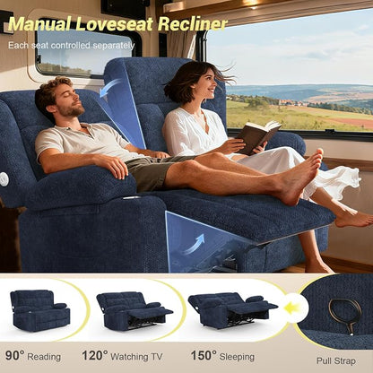 RV Loveseat Recliner Sofa, Reclining Loveseat Home Theater Seating with USB Ports, Cup Holders, Insert Pockets, Wall Hugger RV Recliners for Movie Room, Recline Movie Seats Gaming Sofa, Blue