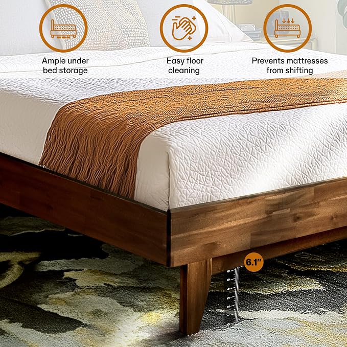Acacia Aurora Wooden Bed with Headboard, King Size Bed Frame, 800lbs Capacity Wood Bed Compatible with All Mattress Types, Non-Slip & Noise-Free, Wood Slats Support, Easy Assembly, Chocolate.