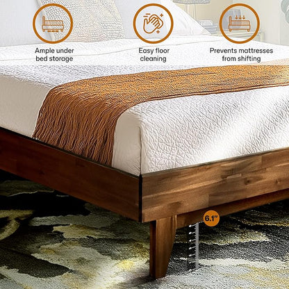 Acacia Aurora Wooden Bed with Headboard, Queen Size Bed Frame, 800lbs Capacity Wood Bed Compatible with All Mattress Types, Non-Slip & Noise-Free, Wood Slats Support, Easy Assembly, Chocolate.