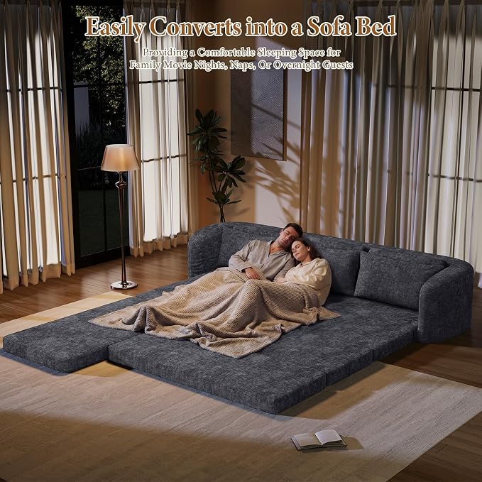 Vesgantti 110.2" Modular Sectional Sofa with Curved Armrest, 6 in 1 Convertible Folding Sleeper Sofa Bed, Chenille Boneless Couch for Living Room, No Assembly Required, Blue, Left Facing Chaise