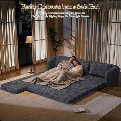 Vesgantti 110.2" Modular Sectional Sofa with Curved Armrest, 6 in 1 Convertible Folding Sleeper Sofa Bed, Chenille Boneless Couch for Living Room, No Assembly Required, Blue, Left Facing Chaise