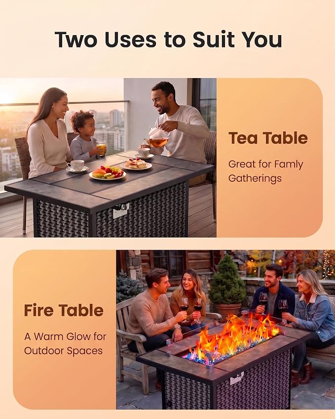 Ciays 43" Propane Fire Table, with Ceramic Top, Wind Guard, Lid, Glass Rock