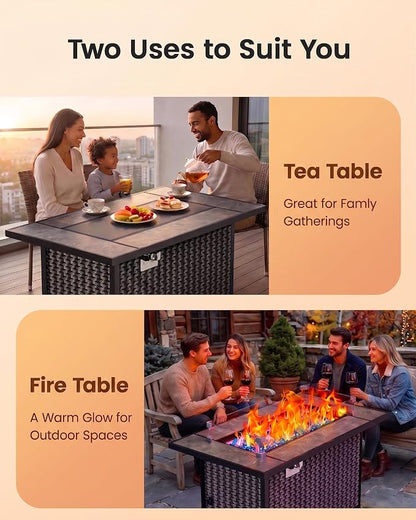 Ciays 43" Propane Fire Table, with Ceramic Top, Wind Guard, Lid, Glass Rock