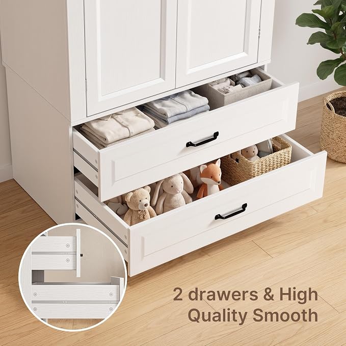 Gizoon Wooden Armoire Wardrobe with Full-Length Mirror & 2 Drawers, 2 Doors, Hanging Rod, Anti-tip, Adjustable Mirror Position (Left/Right), freestanding Wardrobe for Bedroom, White
