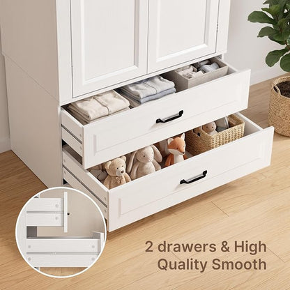 Gizoon Wooden Armoire Wardrobe with Full-Length Mirror & 2 Drawers, 2 Doors, Hanging Rod, Anti-tip, Adjustable Mirror Position (Left/Right), freestanding Wardrobe for Bedroom, White