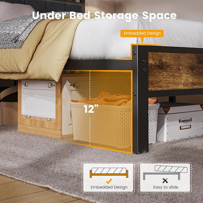 ALBERTO Bed Frame Twin Size with USB Charging Station and Smart LED Lights, Upholstered Storage Headboard, Heavy Duty Metal Platform Bed Noise Free, No Box Spring Needed, Easy Assembly