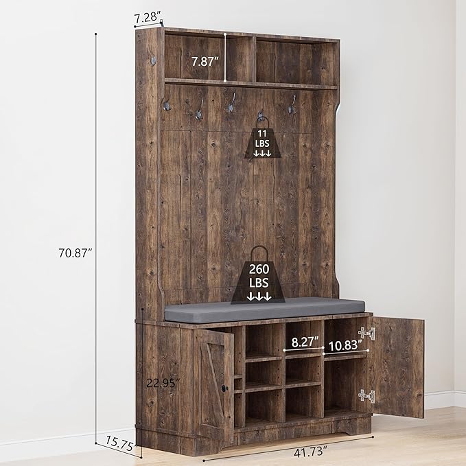 71" Hall Tree with Bench and Shoe Storage, Entryway Hall Tree with 2 Doors and 6 Adjustable Shelves, Cushioned Storage Bench with Coat Rack for Hallway, Living Room, Mudroom