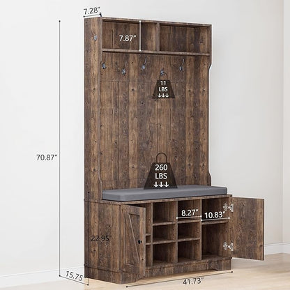 71" Hall Tree with Bench and Shoe Storage, Entryway Hall Tree with 2 Doors and 6 Adjustable Shelves, Cushioned Storage Bench with Coat Rack for Hallway, Living Room, Mudroom