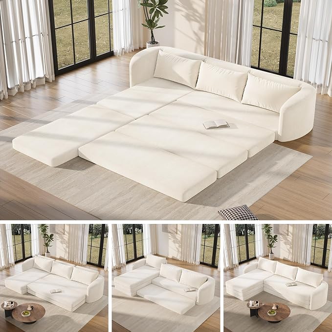 Vesgantti 110.2" Modular Sectional Boneless Couch with Curved Armrest, 6 in 1 Convertible Folding Sleeper Sofa Bed, Chenille Sofas for Living Room, No Assembly Required, Beige, Left Facing Chaise