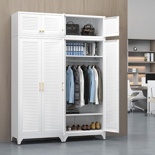 UNICOLY Armoire Wardrobe Closet with Doors, 86'' Wardrobe Cabinet with Hanging Rod, Metal Closet with 2 Adjustable Shelves for Bedroom School, Employee, Gym, White, Shipped in 2 Packages