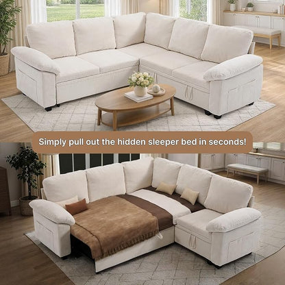85" Modular Sectional Sofa Bed with Storage, L Shaped Pull Out Couch, Removable Chenille Sofa Cover for Living Room (Beige, 5 Seat)