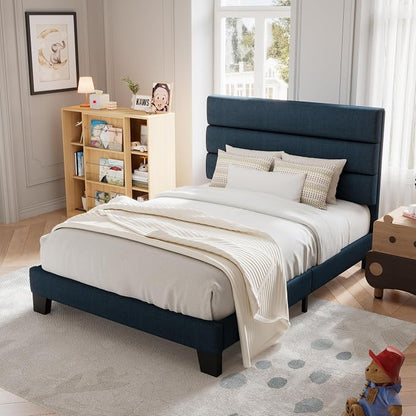 Allewie Twin Size Platform Bed Frame with Fabric Upholstered Headboard and Wooden Slats Support, Fully Upholstered Mattress Foundation/No Box Spring Needed/Easy Assembly, Navy Blue
