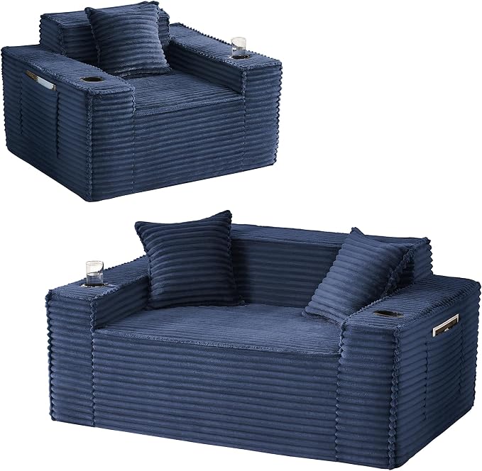 2 Pcs Living Room Cloud Sofa Set, Boneless Sofa Couches with Cup Holder and Side Pocket for Compact Living Rooms, Apartments (Blue, Single Chair + Loveseat)