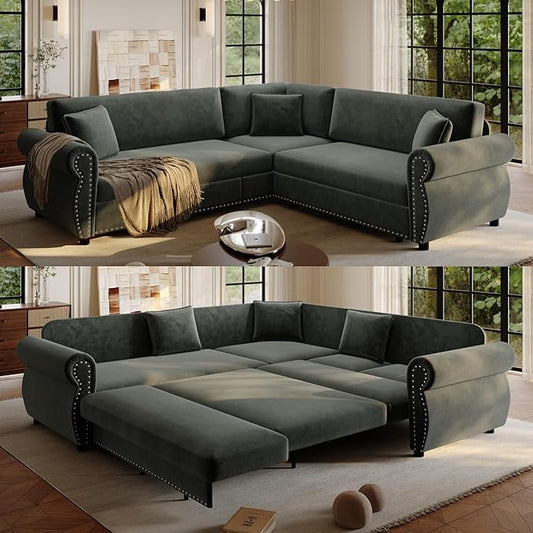 88.2" Sectional Sleeper Sofa with Pull Out Bed - Oversize L-Shaped Convertible Sleeper Couch Bed, Button Tufted Chesterfield Sofa, Chenille Vintage Couches for Living Room(4-Seater, Dark Grey)