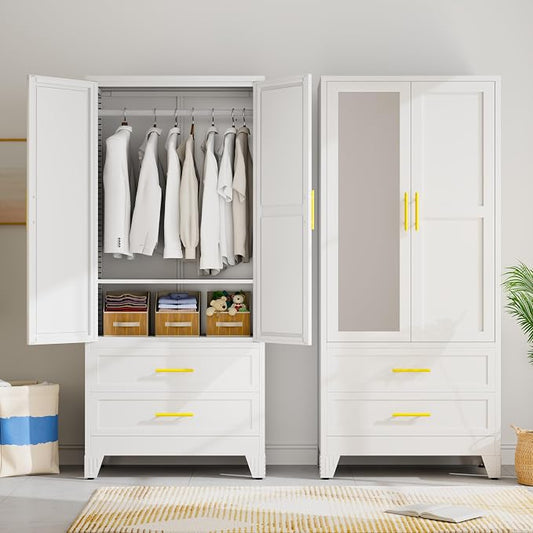 Metal Wardrobe Storage Cabinet with Mirror and Hanging Rod,71'' Metal Clothing Cabinet with 2 Doors and 2 Drawers and Adjustable Shelves for Bedroom, Laundry Room, Cloak Room (White)