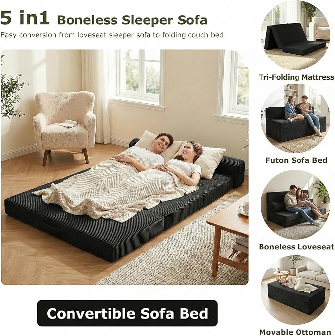 5-in-1 Convertible Sofa Bed, Boneless Loveseat with Removable Cushions & Washable Cover, Futon Sofa Bed with Handle, Pull Out Couch for Small Spaces, King Size, Black
