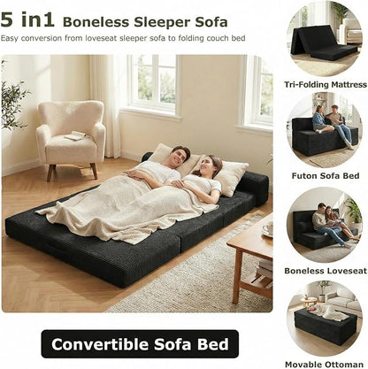 5-in-1 Convertible Sofa Bed, Boneless Loveseat with Removable Cushions & Washable Cover, Futon Sofa Bed with Handle, Pull Out Couch for Small Spaces, King Size, Black