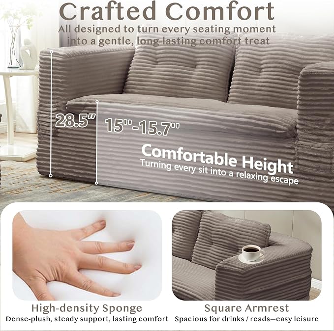 80'' Futon Sofa Bed, King Size Foldable Sleeper Sofa, Corduroy Boneless Loveseat Couch with Chaise Lounge, 3 Pillows, Blanket, Upholstered Sectional Couches for Living Room, Bedroom, Coffee