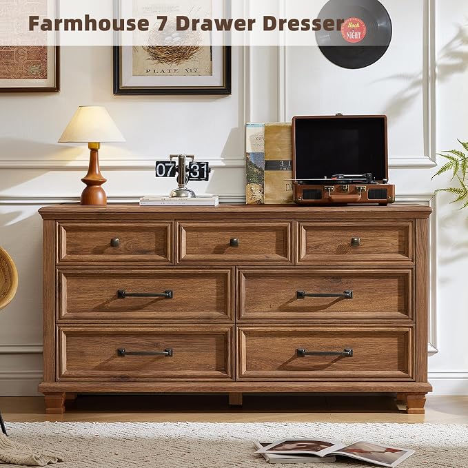 SAVOR LIFE Farmhouse 7 Drawer Dresser for Bedroom, 54” Horizontal Dressers & Chests of Drawers with Thickened Tabletop & Square Table Legs, Brown