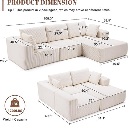 Weture 108” Modular Sectional Sofa, Cloud Sectional Couch with Deep Seat, Modern Modular L-Shape Sofa with Chaise,Upholstered Boneless Couches for Living Room (Corduroy, Beige)