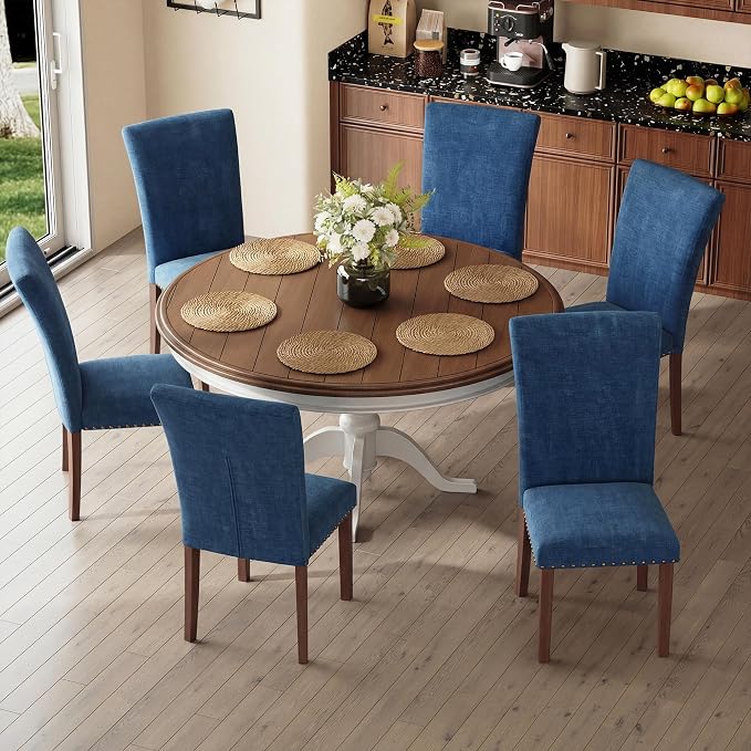 MALOL Dining Chairs Set of 2, High Back Dining Chair with Wood Legs and Nailhead Trim, Modern Padded Kitchen Room Chairs for Dining Room/Restaurant, Dark Blue