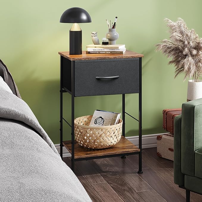 WLIVE Small Black Nightstand with Drawer, Fabric Bedside Table, 25.0" H | Night Stand with Open Wood Shelf, End Table with Steel Frame, Side Table for Bedroom, Dorm, Easy Assembly