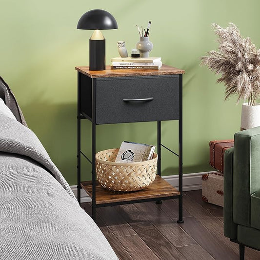 WLIVE Small Black Nightstand with Drawer, Fabric Bedside Table, 25.0" H | Night Stand with Open Wood Shelf, End Table with Steel Frame, Side Table for Bedroom, Dorm, Easy Assembly