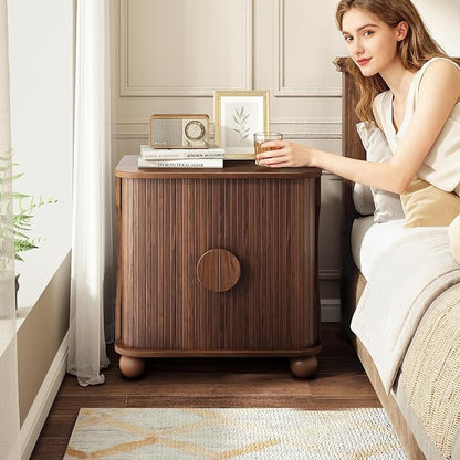 Modern Square Nightstand with Charging Station and Sliding Doors, Modern Bedside Table with Round Wooden Sliding Door Handle, Suitable for Bedroom (Walnut)