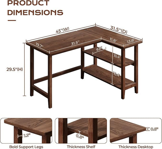 IOTXY Reversible L-Shaped Office Desk - 45" Compact Corner Computer Table with Storage Shelves, Solid Wood Legs, Writing & Study Workstation for Small Spaces, Walnut
