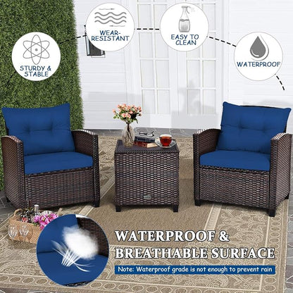 COSTWAY 3PCS Patio Furniture Set, PE Rattan Wicker Sofa w/Washable Cushion and Coffee Table, Tempered Glass Tabletop, Outdoor Conversation Set for Balcony, Porch, Yard, Backyard, Lawn, Navy Blue