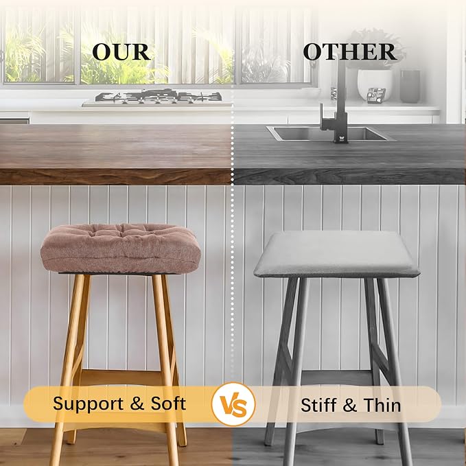 Rectangular Stool Cushion Set of 4, Soft Saddle Stool Cushions with Ties, Nonslip and Washable, Brown, 18 x 10.5 x 4 Inch