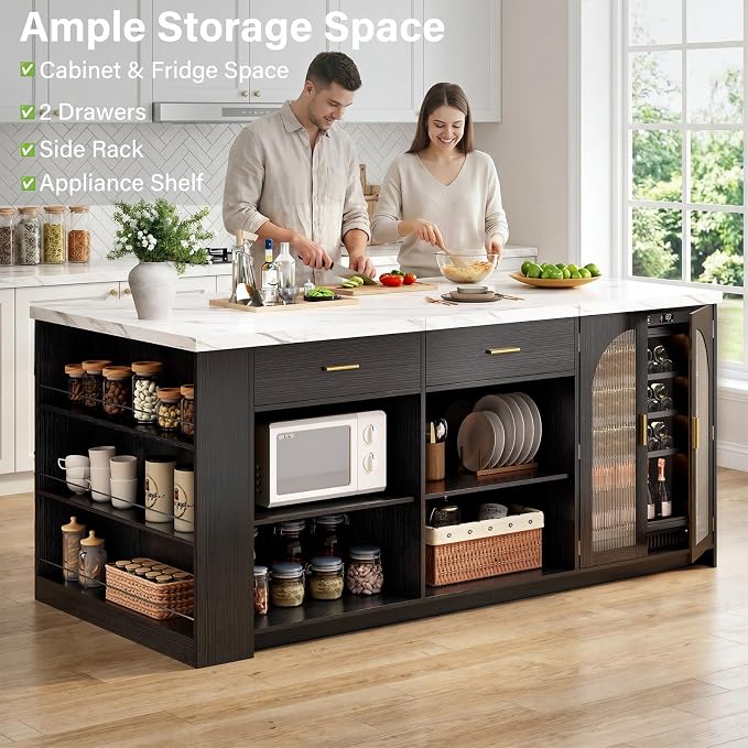 IBF 71" Large kitchen island with storage and seating, White Faux MarbleIsland Table with Drawers, Modern Stationary Island Cabinet & Fridge Space,Counter Height Island Bar for Dining Room, Black Base