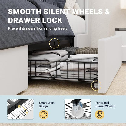 Allewie Full Size Velvet Bed Frame with 3 Storage Drawers, Upholstered Platform Bed with Wingback Storage Headboard and USB Ports, No Box Spring Needed, Easy Assembly, White