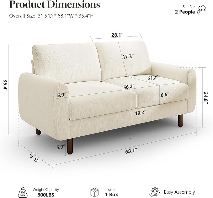 WorthFurni 68" Loveseat Sofa, Comfy Chenille Fabric Couches for Living Room with Spring Cushion and Solid Wood Frame, Modern Deep Seat Couch for Bedroom, Apartment, Office, Easy Assembly, Beige