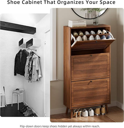 Fsbecl Shoe Storage Cabinet for Entryway with 3 Flip Drawers, Narrow Shoe Organizer with Fluted Panel, Freestanding Wood Hidden Shoe Cabinet for Hallway (Walnut, 23.6''W, Double Layer)