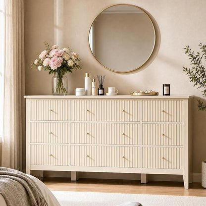 RoyalCraft Fluted Dresser for Bedroom with 9 Drawers, 59" Wide Painted Wooden Chest of Drawers, Modern TV Stand Storage Cabinet for Living Room, Hallway, Beige