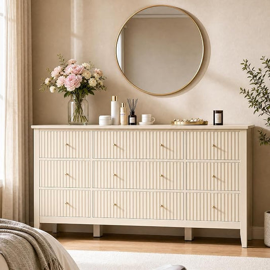 RoyalCraft Fluted Dresser for Bedroom with 9 Drawers, 59" Wide Painted Wooden Chest of Drawers, Modern TV Stand Storage Cabinet for Living Room, Hallway, Beige